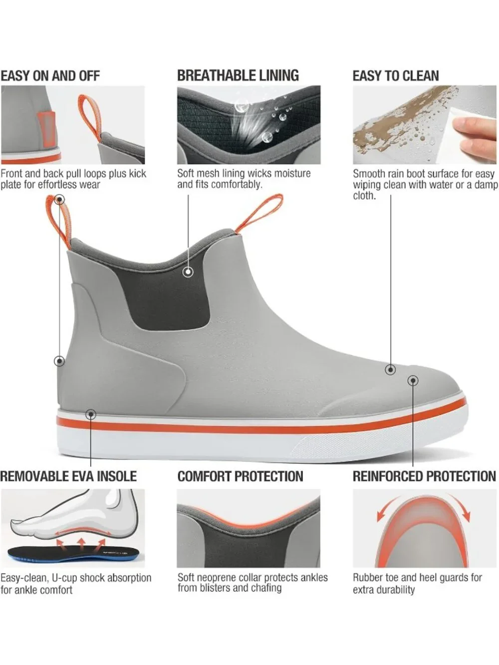 Men's Grey Waterproof Fishing Rubber High Traction Non-Slip Ankle Rain Boots